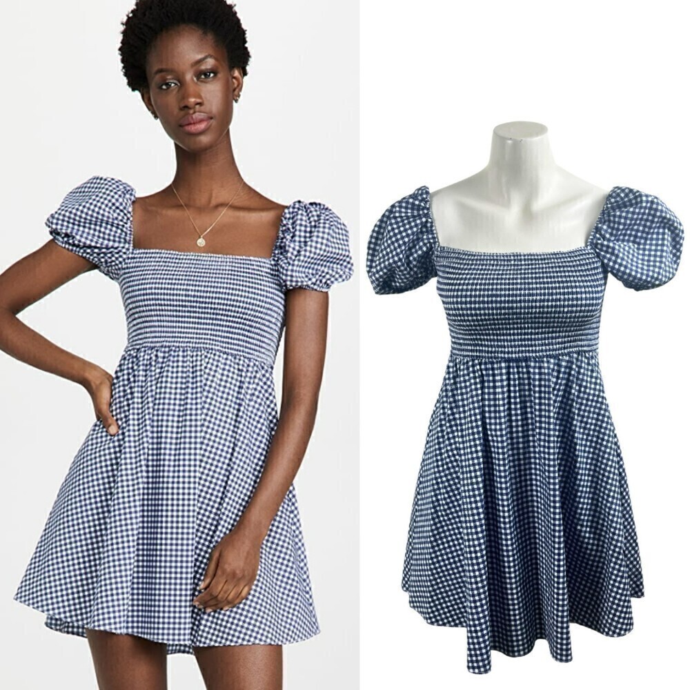 CAROLINE CONSTAS Gianna Navy Gingham Size S Fit & Flare Smocked Party Mini Dress